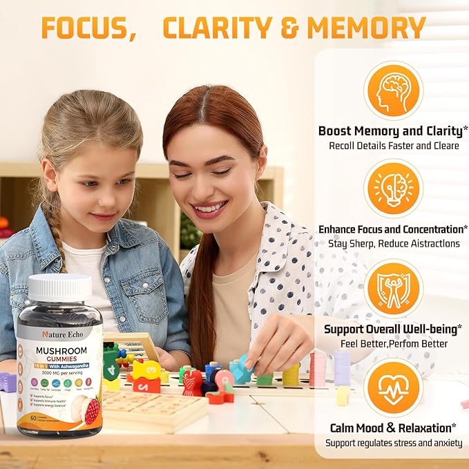 15 in 1 Mushroom Complex Gummies & Ashwagandha Gummies 3000 mg - Lions Mane, Reishi, Turkey Tail & More | Mushroom Supplement for Cognitive Function, Focus & Memory | Raspberry Gummies| Sugar-Free