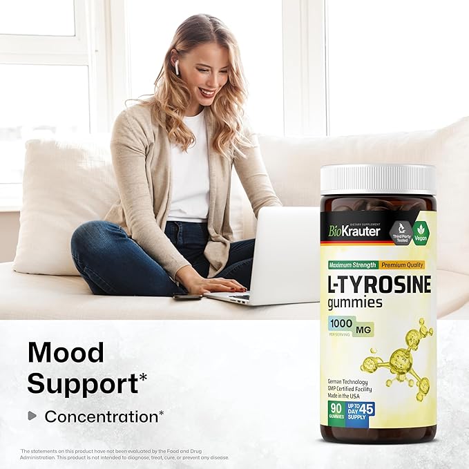 BIO KRAUTER® L Tyrosine for Mood and Cognitive Support - Supplements for Focus & Performance Support - L-tyrosine 1000 mg, 90 Mood Gummies, 45-Day Supply - Non-GMO, Mango Flavor