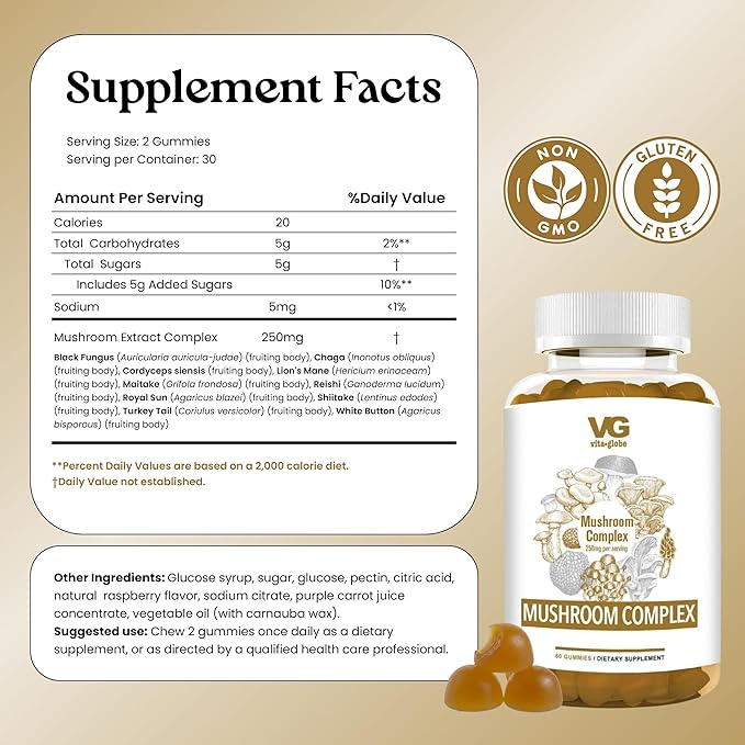 VITA Globe Mushroom Complex Gummies with Reishi, Lions Mane Mushrooms, Chaga, Cordyceps & More, Mushroom Supplement for Immune Defense, Energy & Brain Function Support, 250mg, 60 Count (Pack of 1)