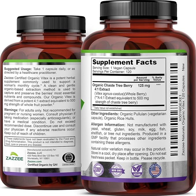 Zazzee USDA Organic Vitex 4:1 Extract, 120 Vegan Capsules, 4 Month Supply, Chaste Berry, Hormonal Balance & Cycle Support for Women, Certified Kosher, Vitex Agnus-Castus, Non-GMO, Made in the USA