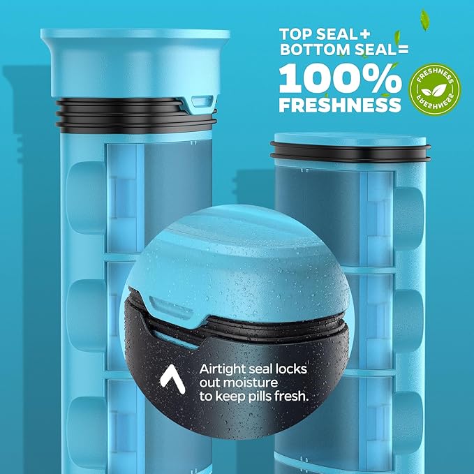 Metal Pill Organizer 2 Times a Day-Travel Pill Box Case with Moisture-Proof Airtight Lids, Weekly Large Capacity AM PM Medicine Container for Vitamins, Fish Oil, Supplements and Medications (Blue)