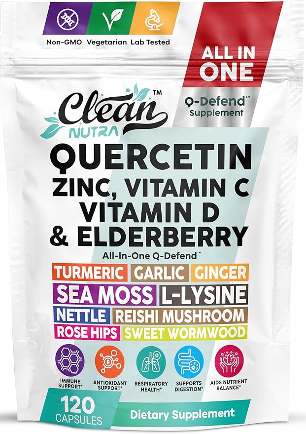 Q Defend Quercetin Supplement with Zinc Vitamin C Vitamin D Elderberry Turmeric Black Pepper Garlic Ginger Sea Moss Lysine Stinging Nettle Reishi Mushroom Immune Support 120 Capsules by Clean Nutra