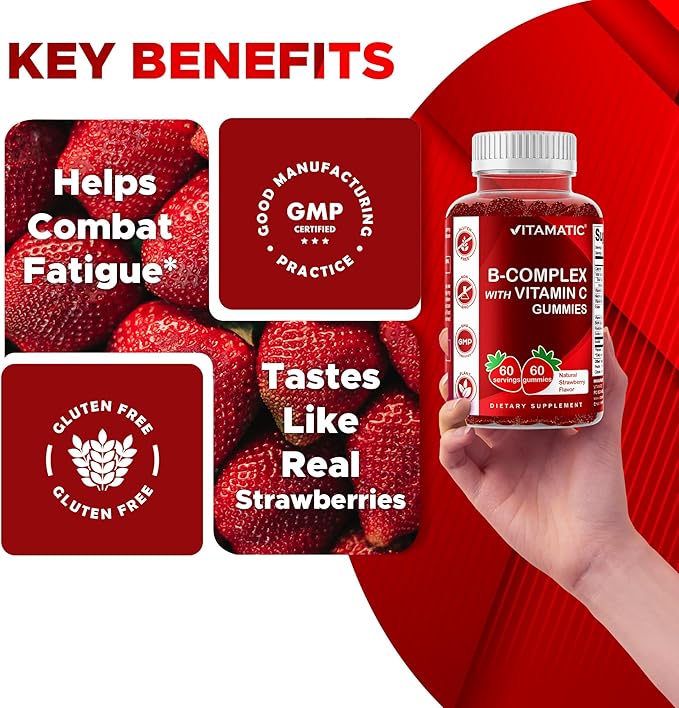 Vitamatic Vitamin B Complex Gummies with Vitamin C & Inositol - Natural Strawberry Flavor - 60 Gummies (2 Bottles)