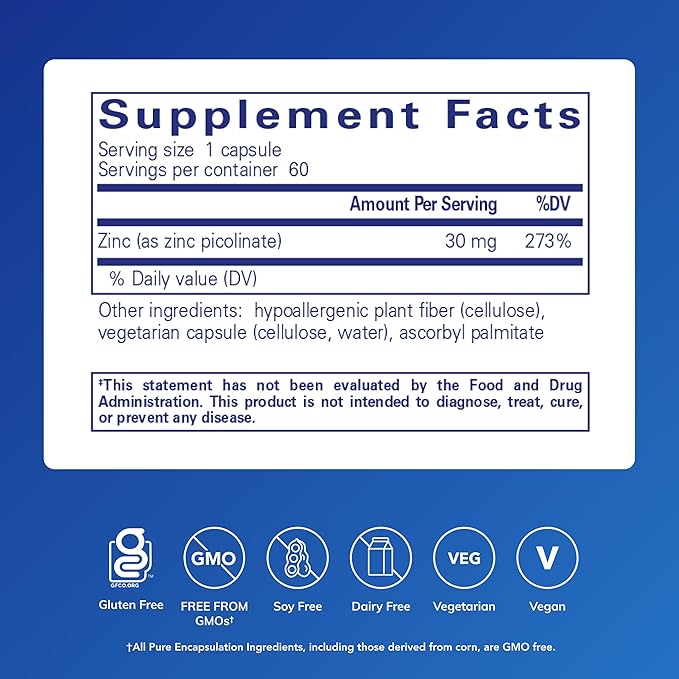 Pure Encapsulations Zinc 30 mg - Supplement for Immune System Support, Growth and Development, and Wound Healing* - with Zinc Picolinate 30 mg - 60 Capsules