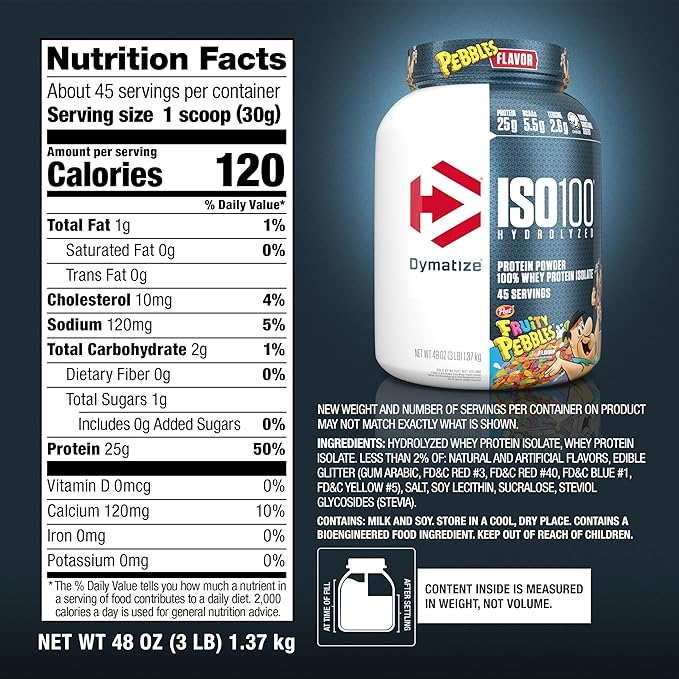 Dymatize x Fruity Pebbles ISO100 Whey Protein Powder Isolate, 25g of Protein, 5.5g BCAAs, 120 Cal., Gluten Free, 1g Fat, 1g Sugar, 2g Carb (45 Servings)
