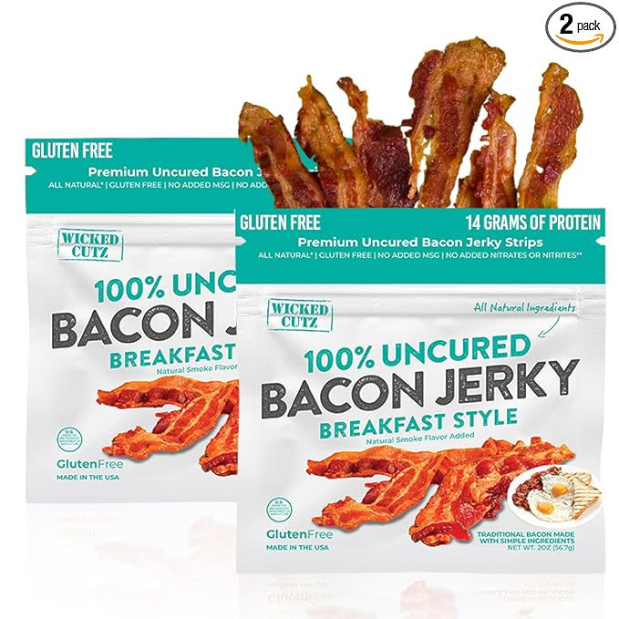 Breakfast Style Bacon Jerky, 14g Protein Per Bag, Tender & Easy to Chew Fully Cooked Bacon, USA Made, High Protein Carnivore Snacks (2 Bags)