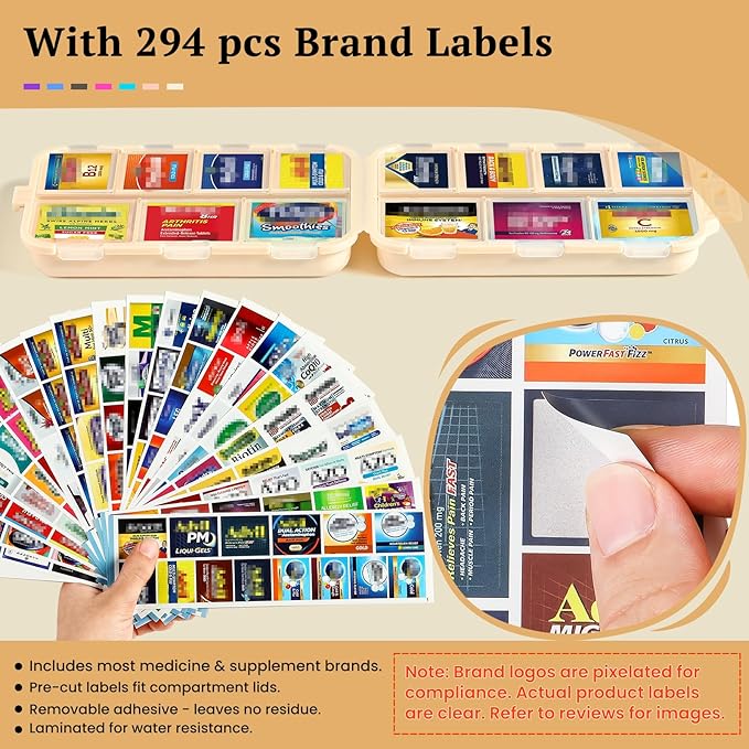 Travel Pill Organizer with Bulk Stickers & Labels - Small & Portable Week Daily Medicine Pharmacy for Pocket, Bag - 14-Compartment Foldable Supplement Box Holder for Fish Oil Vitamin - Khaki