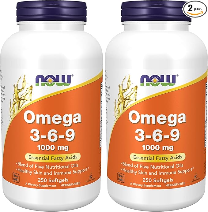 NOW Foods Supplements, Omega 3-6-9 1000 mg with a Blend of Flax Seed, Evening Primrose, Canola, Black Currant and Pumpkin Seed Oils, 250 Softgels, (Pack of 2)