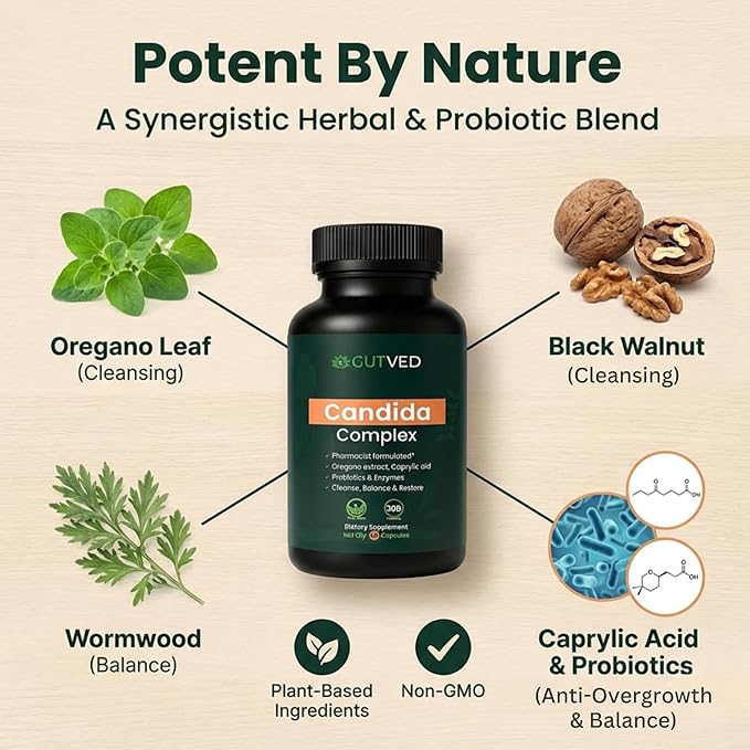 Candida Complex with Caprylic Acid for Men & Women – Anti Overgrowth, Balance and Restore Supplement for Yeast, Healthy Gut Flora & Skin with 30B/g Probiotic, Oregano, Senna - 1 Month Supply