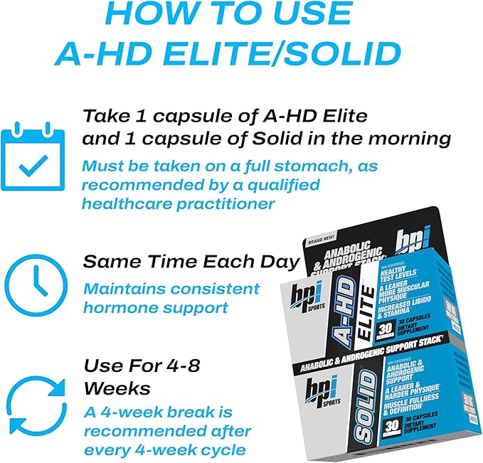 BPI Sports A-HD Elite/Solid Testosterone Booster for Men - Testosterone Supplement for Muscle, Strength, Libido & Performance Support - Promotes Natural Fat Loss – 30 Servings – 550mg