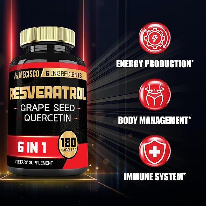 Mecisco 6in1 Trans Resveratrol Supplement with Grape Seed, Milk Thistle, and More - Resveratrol 1000mg - Supports for Immune System, Heart Health, Body Management - 180 Capsules