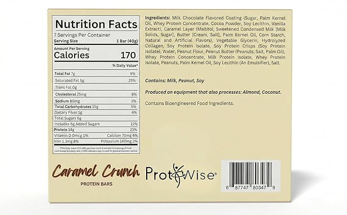 ProtiWise Caramel Crunch High Protein Snack Bars – On-The-Go Protein Snack, 15g Protein, 170 Calories – Gluten-Free – Caramel Chocolate Crunch Flavor – 7 Count Box