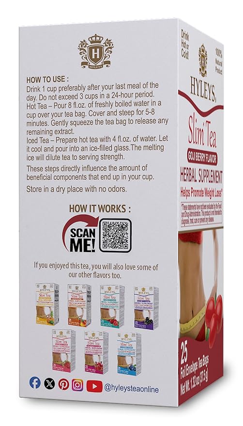 HYLEYS Slim Tea Goji Berry Flavor - Weight Loss Herbal Supplement Cleanse and Detox - 25 Tea Bags (1 Pack)