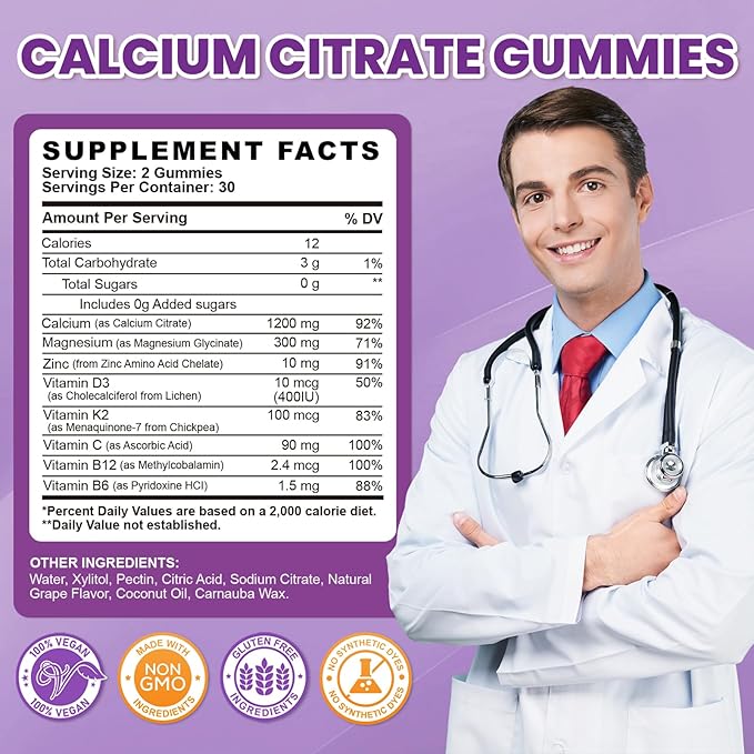 Calcium Citrate Gummies - 1200mg Calcium Gummies Supplements for Women & Men with Vitamin D3, K2, Magnesium, Zinc High Absorption for Bone, Muscle & Immune Support, Grape Flavor, 120 Count