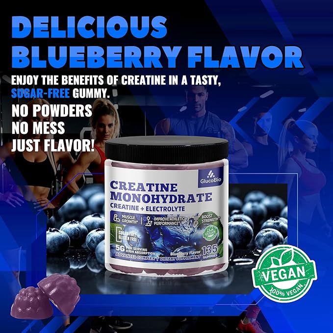 Creatine Monohydrate Gummies (5g) – Pre-Workout Energy & Muscle Growth Support for Men & Women | Blueberry Electrolyte Gummies (135 Count)