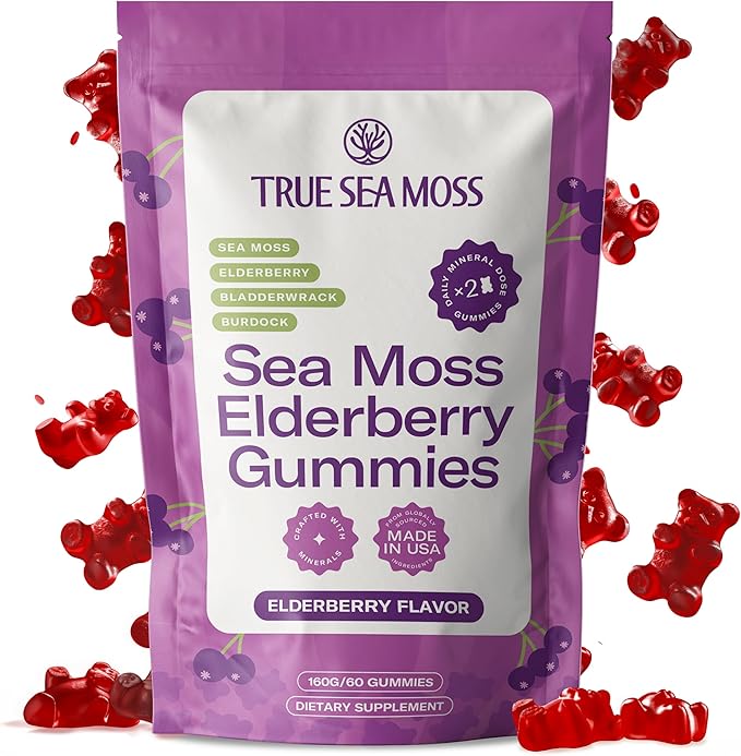 TrueSeaMoss Sea Moss Elderberry Gummies for Adults & Kids – with Burdock Root, Bladderwrack – 60 Gummies (Pouch May Vary)