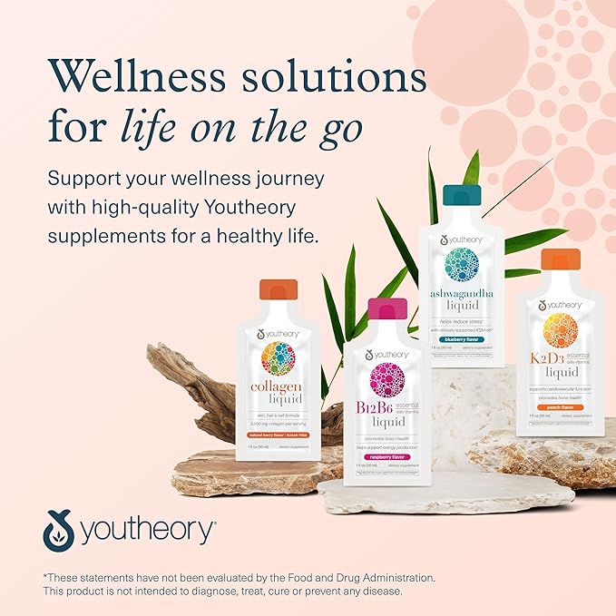 Youtheory Collagen Liquid - 5,000 mg Hydrolyzed Collagen Peptides - Supports Hair, Nail, Joint & Bone Health* - Berry Flavor - 1 oz Single Serve Packet, Pack of 12