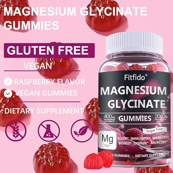 Magnesium Glycinate Gummies 400mg, Chewable Sugar Free Magnesium Supplement with Magnesium Glycinate, Magnesium Malate and Protein for Sleep, Relaxation, Brain & Muscle - Vegan (60 Count, Raspberry)