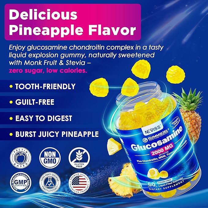 NEVISS Sugar Free Glucosamine Filled Gummies - Glucosamine Supplement Plus Chondroitin, MSM, Turmeric, Boswellia, Hyaluronic Acid, Vitamin D3 & Zinc, 120 Gummies, 60 Servings