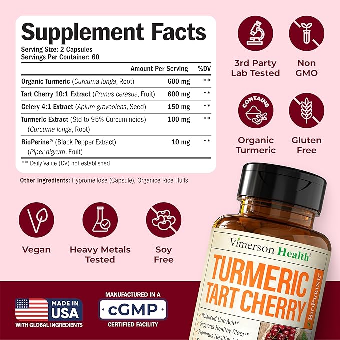 Turmeric Curcumin Supplement with 10:1 Tart Cherry Extract & Celery Seed Extract – Natural Uric Acid Balance, Joint Health & Sleep Aid – Turmeric Curcumin with Black Pepper – 120 Tart Cherry Capsules