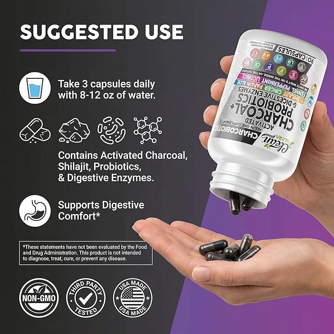 Activated Charcoal Pills for Gas Relief and Debloat, CharcoBiotic with Probiotics Digestive Enzymes Shilajit Peppermint Fennel Ginger Turmeric Licorice Root Aloe Vera Ceylon Cinnamon, Clean Nutra 90ct