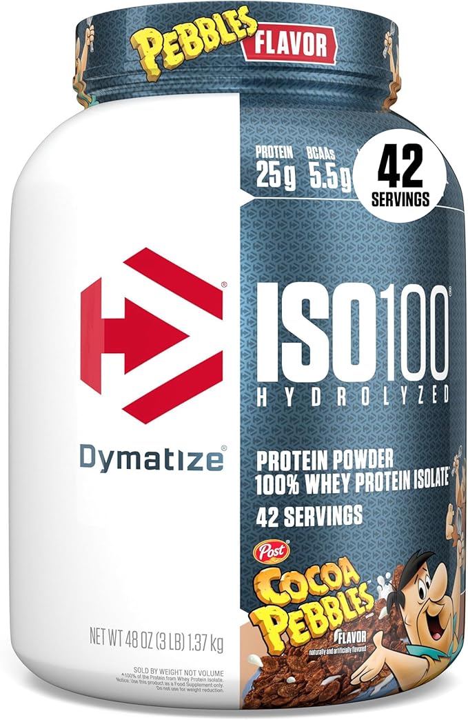 Dymatize x Cocoa Pebbles ISO100 Whey Protein Powder Isolate, 25g of Protein, 5.5g BCAAs, 120 Cal., Gluten Free, 1g Fat, 1g Sugar, 2g Carb (42 Servings)