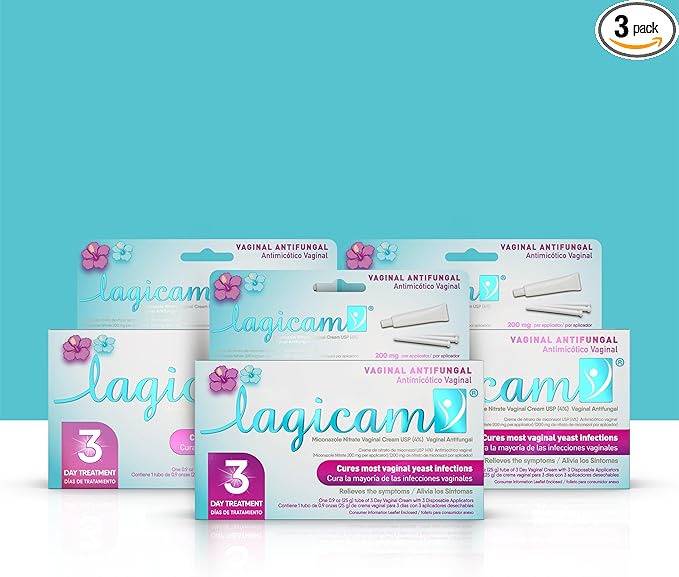 Lagicam 3 Day Yeast Infection Treatment for Women, Start Working on The 1st Day, Miconazole Nitrate, Antifungal Vaginal Cream for Itching and Irritation, 3 Disposable Applicators & Cream (Pack of 3)