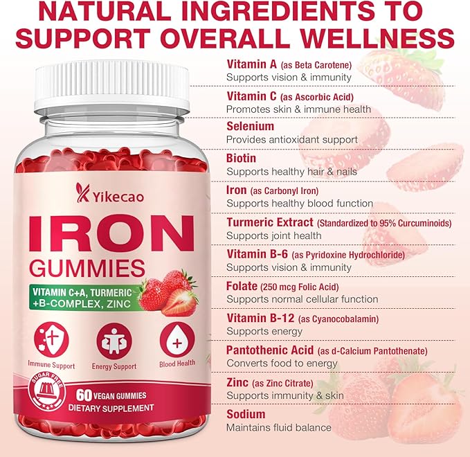 Iron Supplement Gummies, Vegan Iron Supplement for Women & Men, Healthy Blood, Energy & Immune Support, Strawberry Flavor, 60 Count