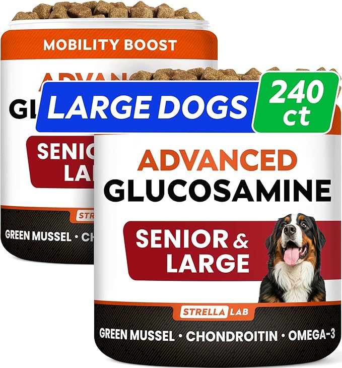 STRELLALAB Advanced Glucosamine Hip & Joint Supplement for Senior Dogs - Green Lipped Mussel & Collagen - Hip & Joint Pain Relief - Large & Small Breed - Joint Health - Bacon - 240 Chews