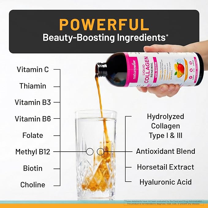NatureWise Hydrolyzed Liquid Collagen for Women & Men 4000mg - No Added Sugar - Multi Collagen Peptides + Biotin + Vitamin C + Vitamin B Complex & Hyaluronic Acid - Mango - 15.22 fl oz[45 Day Supply]