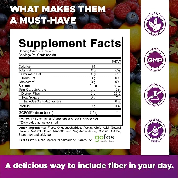 Vitamatic Prebiotic Fiber Gummies for Adults, 7G Extra Strength, Zero Sugar Added, 240 Pectin Based Gummies, Digestive Health & Regularity Support (Pack of 2)