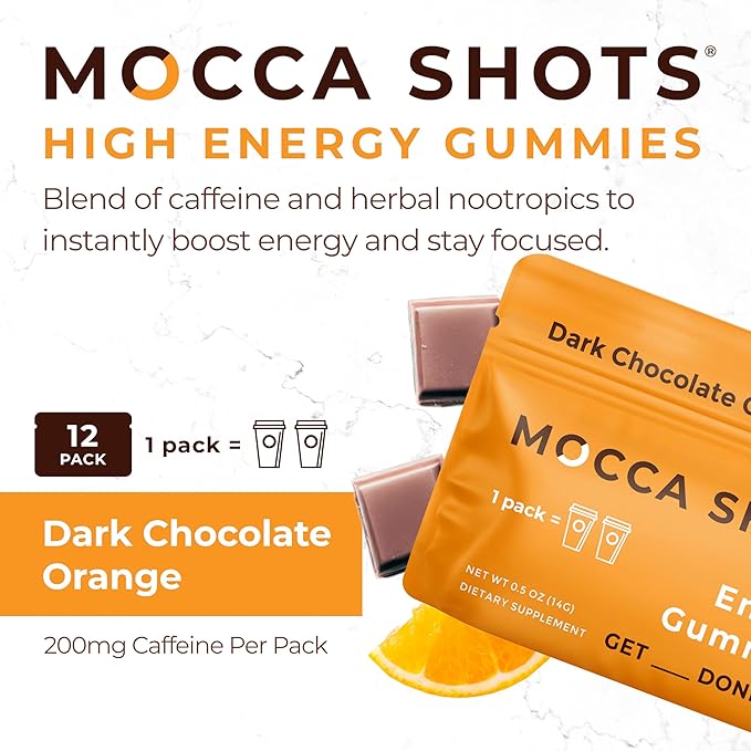 SGC Highest Concentration 100 mg Caffeine per Gummy, 2 Gummies per Pack, 12-Pack Mocca Shots Orange Chocolate Plant-Based Instant Energy with Herbal nootropics