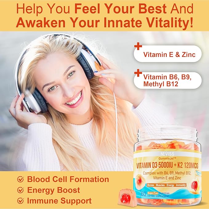 Vitamin D3 5000IU + K2 (MK-7) 120mcg, Sugar-Free Vitamin D3 K2 Filled Gummies with Vitamin B Complex - Methyl B12, B9, B6 | Vitamin E & Zinc, MCT Oil - Supports Bone & Teeth Strength, Immune, 1PACK