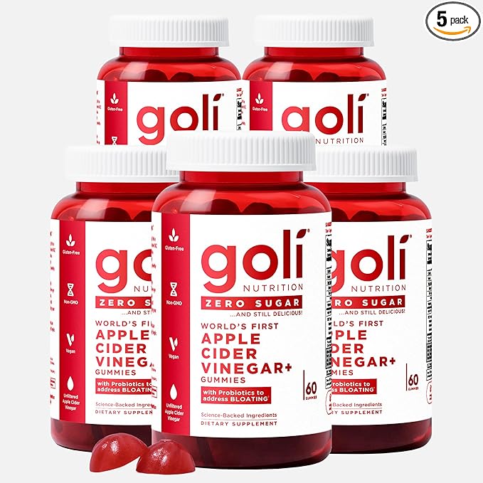 Goli Zero Sugar Apple Cider Vinegar Gummies - ACV with Vitamin B12 and Probiotics - No Sugar Alcohols - Vegan, Keto-Friendly, Gluten-Free - 5 Pack