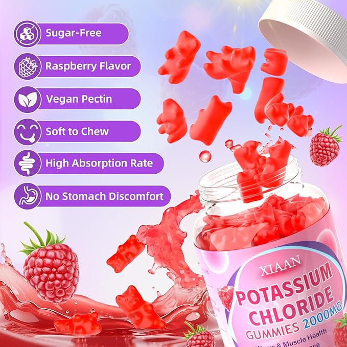 Potassium Gummies for Women & Men, High Dose 2000mg Potassium Chloride Supplement Gummies for Leg Cramps & Electrolyte Balance, Vegan/Sugar-Free/Gluten Free, Raspberry Flavor 60 Count
