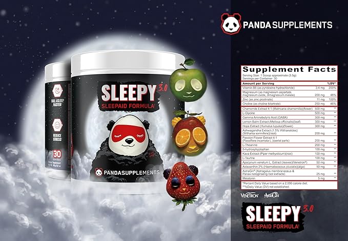 Underground Bio Labs Panda Supps – Sleepy 3.0 Natural Sleep Aid Formula: 5mg Melatonin, 300mg GABA, Chamomile Extract, (Green Apple 30 Servings)