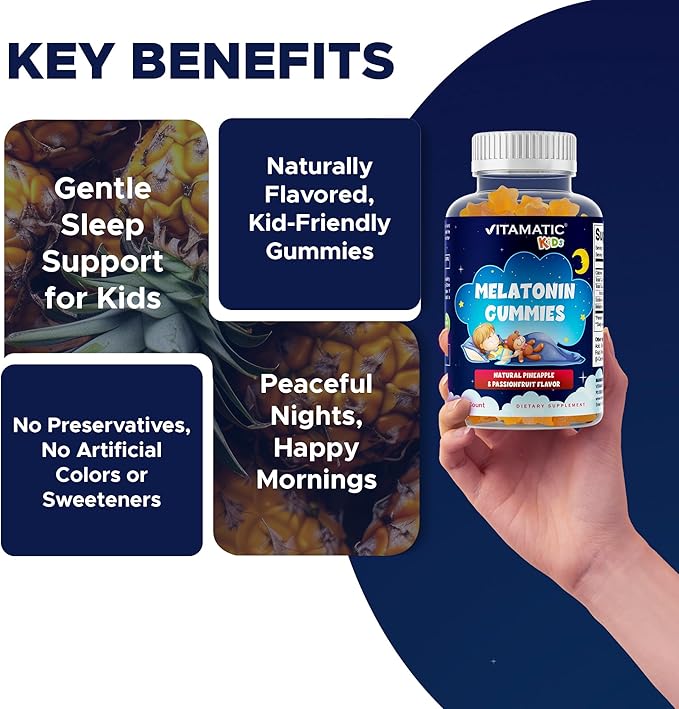 Vitamatic Sugar Free Kids Melatonin 1mg, 90 Gummies, Pineapple & passionfruit Flavored Gummies, 90 Days Supply (Pack of 2)