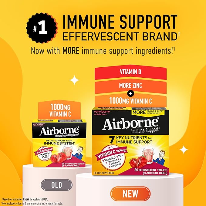Airborne 1000mg Vitamin C with Vitamin D & Zinc, Sugar Free Multivitamin Immune Support Supplement, Antioxidants Vitamins A C & E, Very Berry Flavor, 30 Tablets (Pack of 2)
