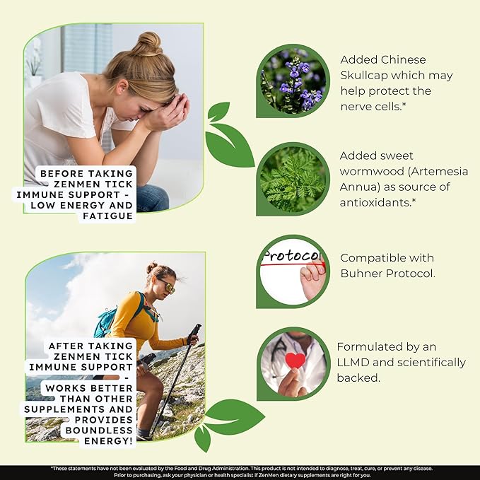 Zenmen Tick Immune Support 180 Vegan Capsules, 2 Bottles - Improved Formula - Japanese Knotweed, Cat's Claw, Chinese Skullcap, Cryptolepis Sanguinolenta, Sweet Wormwood - Made in The USA