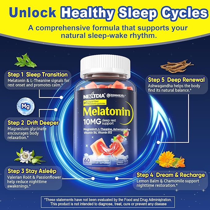 Nextdia Sugar Free Melatonin Gummies 10mg 20mg Magnesium Glycinate Melatonin for Adults, Ashwagandha, L-Theanine, B6, B12, Lemon Balm and Chamomile for Deep Relaxation, Antioxidant, Vegan, 60 Day
