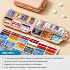 14 Grids Travel Pill Organizer Box with 415-Pcs Medicine Name Labels - Pocket Daily Pharmacy Case Container Kit - Travel Medication Holder Dispenser for Fish Oil Vitamin Supplement Storage - Pink