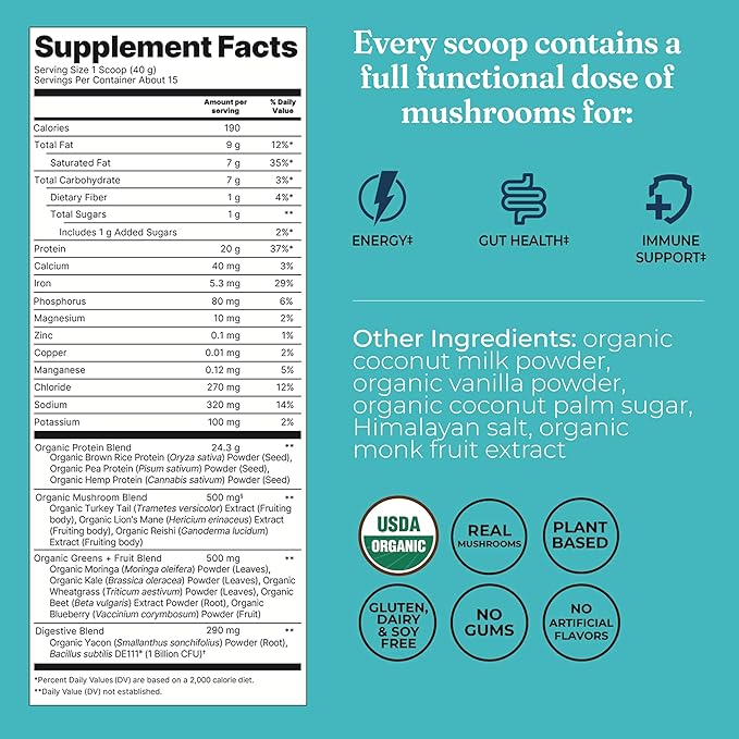 Four Sigmatic Organic Vegan Protein Powder | 18g Plant-Based Protein per Serving | Gluten Free, Dairy Free, Soy Free, Non-GMO with No Filler Ingredients | 21.16oz, 15 Servings | Vanilla