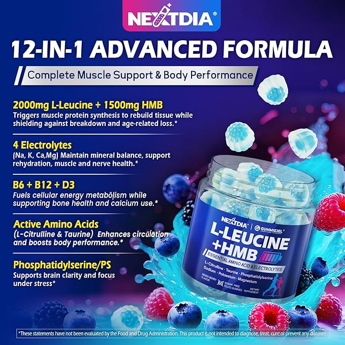Hmb and L-Leucine Gummies, Pre Work Essential Amino Acids EAA Supplements for Men & Women, w/Branched-Chain Amino (BCAA) & 4 Hydration Electrolytes, Taurine, B12 & D3 for Fast Workout Recovery, 60Cts