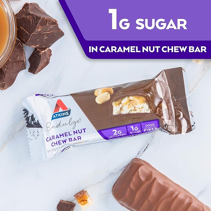 Atkins Endulge Caramel Nut Chew Bar, Dessert Favorite, 1g Sugar, Good Source of Fiber, 5 Count (Pack of 2)