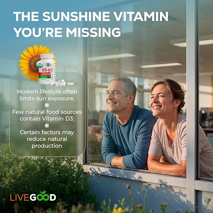 LIVEGOOD Organic D3 K2 Supplement 2000 IU, Vegan Capsules with MK-7, Pure Vitamin D3 with K2 for Immune, and Bone Support Made in the USA Organic D3 K2 Formula (60 Count)