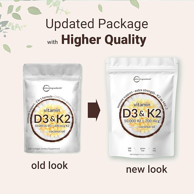 Micro Ingredients Vitamin D3 10,000 IU + K2 MK-7 200 mcg, 600 Softgels with Virgin Coconut Oil (2 Pack) | 2-in-1 Vitamins D & K Complex | Extra Strength, Easy to Swallow, Non-GMO, Gluten Free