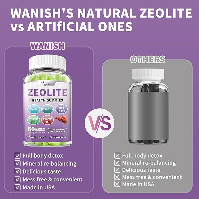 Wanish (2 Packs) Zeolite Gummies for Adults - Zeolite Clinoptilolite, Chlorella, Milk Thistle & Vitamins- Supports Immune Health, Gut and Liver, Vegan, Non-GMO, Sugar Free, Apple Flavor, 120 Count