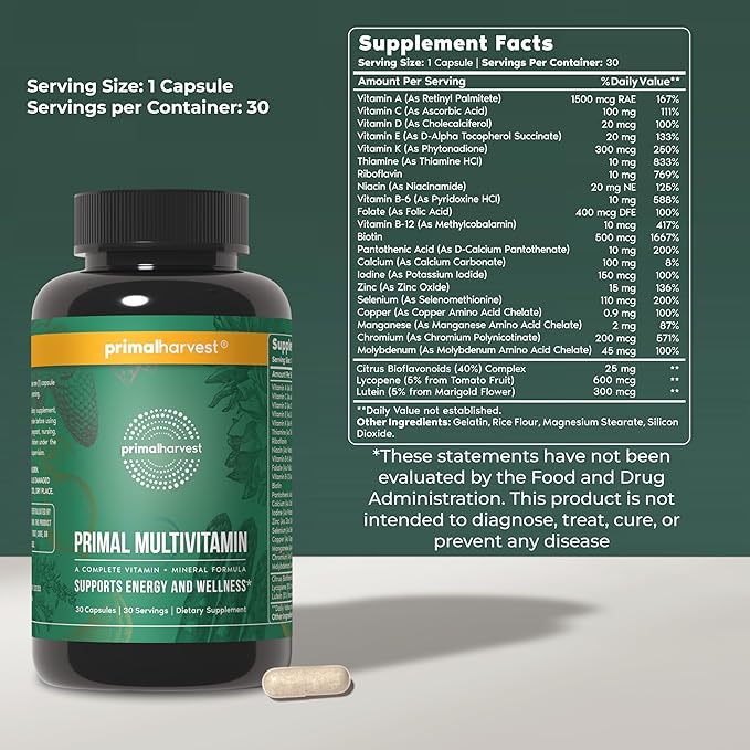 Primal Harvest Primal Multivitamin - Daily Multi-Vitamin Supplement with 21 Essential Vitamins & Minerals for Women & Men (2 Pack (30 Count))
