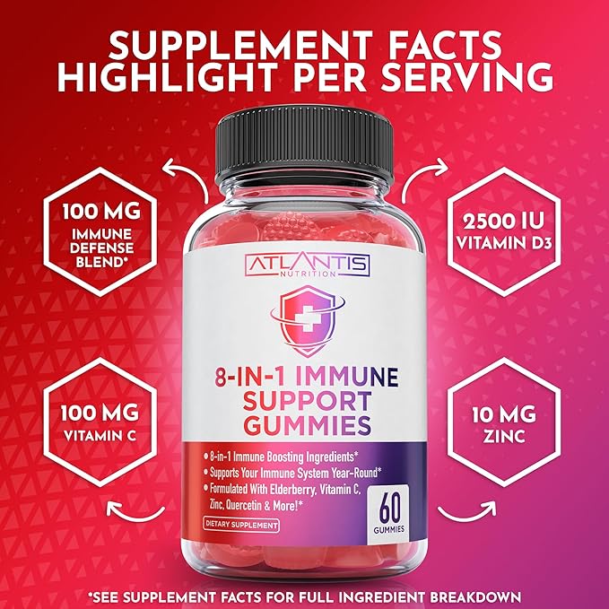 Atlantis Nutrition 8-in-1 Immune Support Gummies with Elderberry | Immune Supplement with Elderberry, Quercetin, Zinc, Vitamin C - Immunity Boosters for Adults & Kids - Delicious Flavor - 60 Count