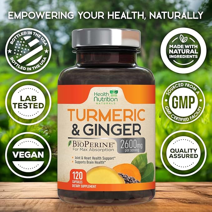 Turmeric Curcumin Supplement - 2200mg Curcumin Complex & 400mg Organic Ginger per Serving - 95% Curcuminoids & BioPerine Black Pepper for Best Absorption & Joint Support, Bottled in USA - 120 Capsules